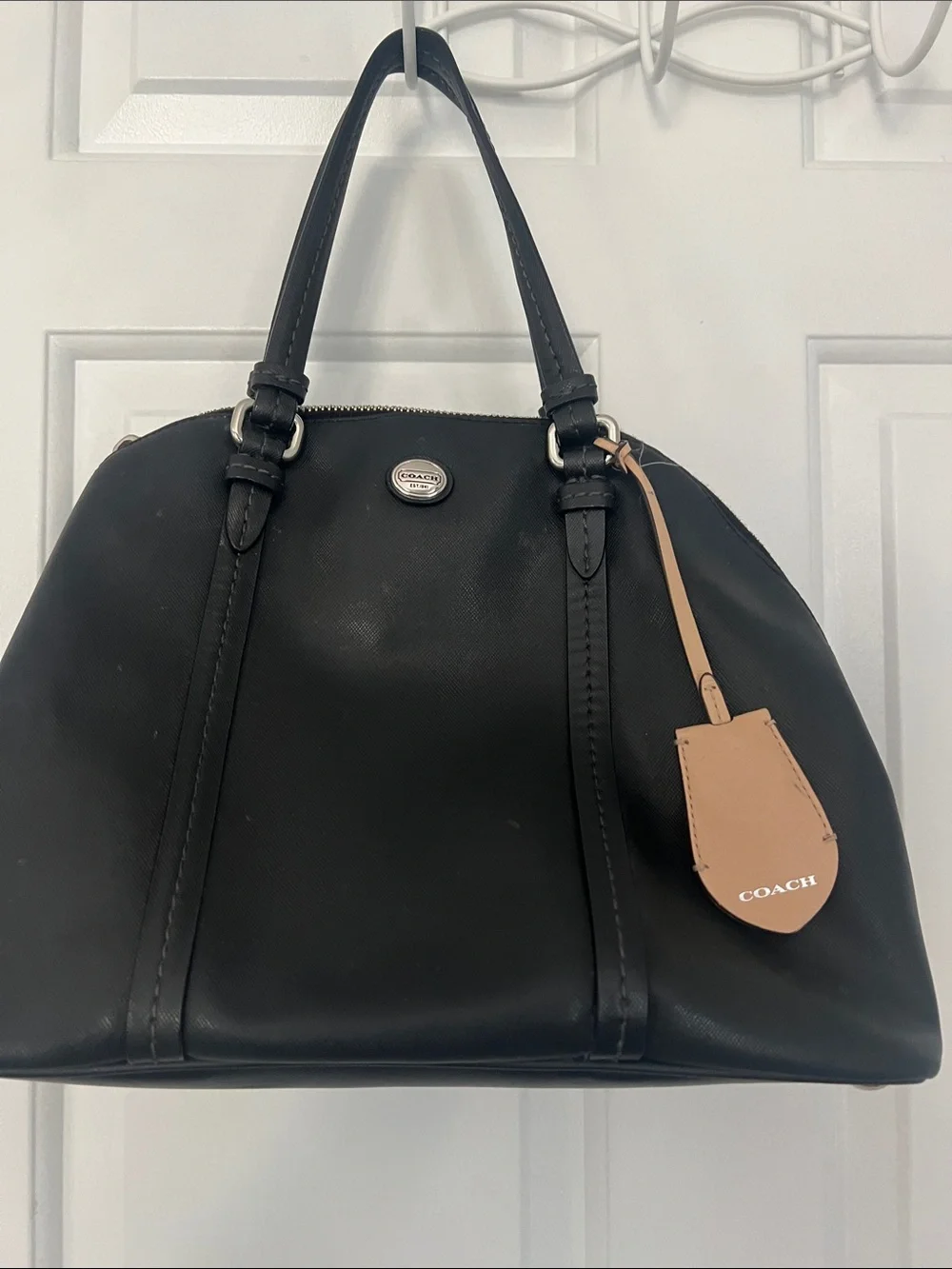 Coach  Black Leather Satchel with Tan Leather Tag 13W, 9L.